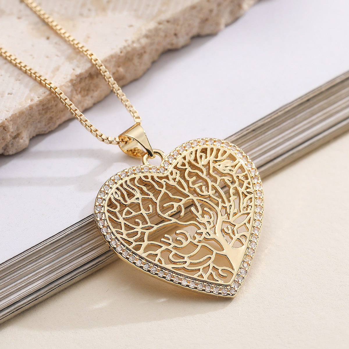 Minimalist Elegant 18K Gold Plated Brass Heart Tree of Life Pendant Necklace with Cubic Zirconia