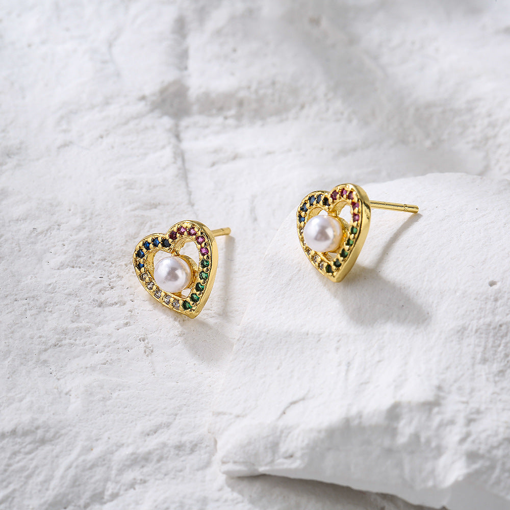 Minimalist Heart-Shaped Copper Earrings with 18K Gold Plating Micro-Pave Zirconia and Pearl Accents for Women