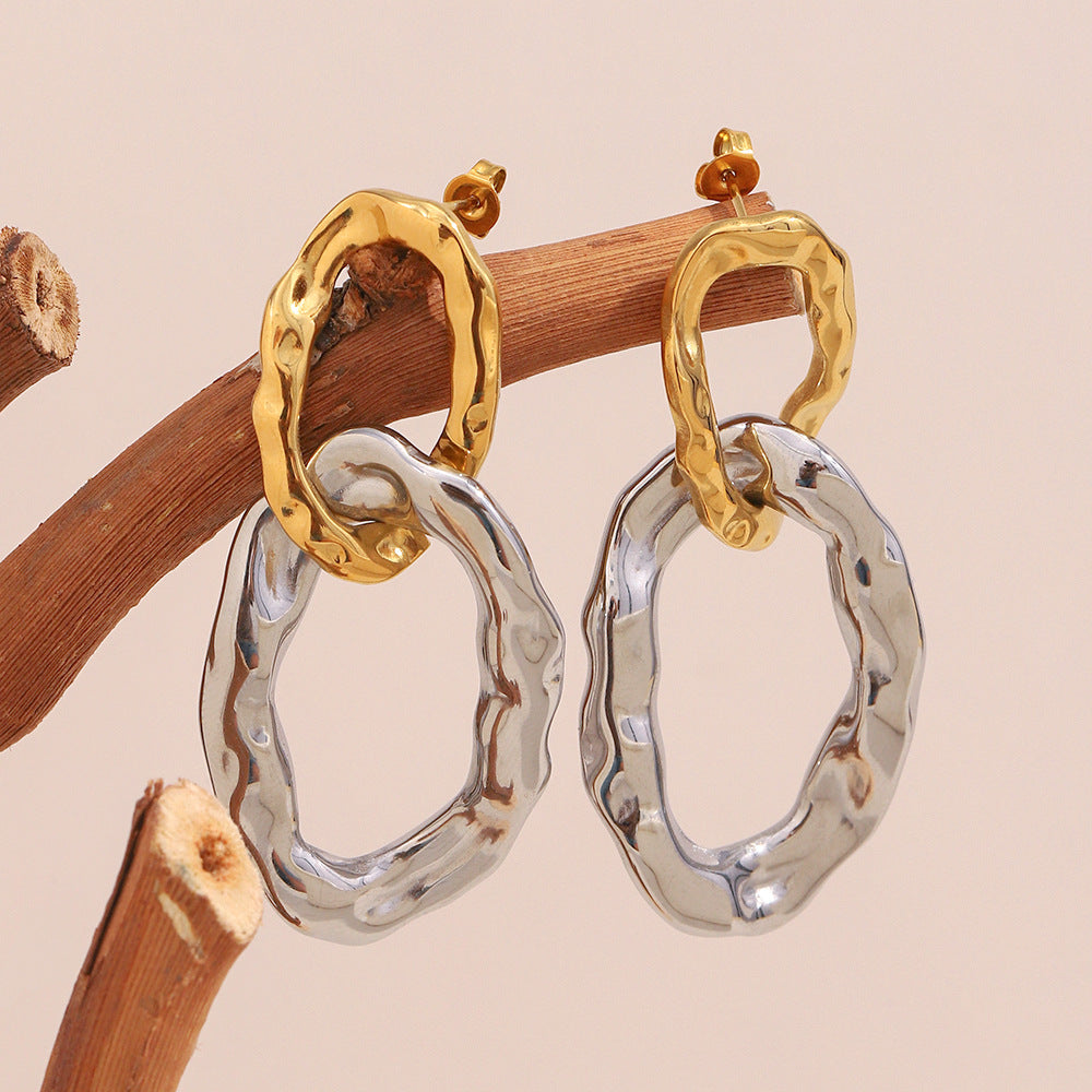 Minimalist Modern Geometric Stainless Steel Ear Studs with 18K Gold Plating and Hammered Texture for Women
