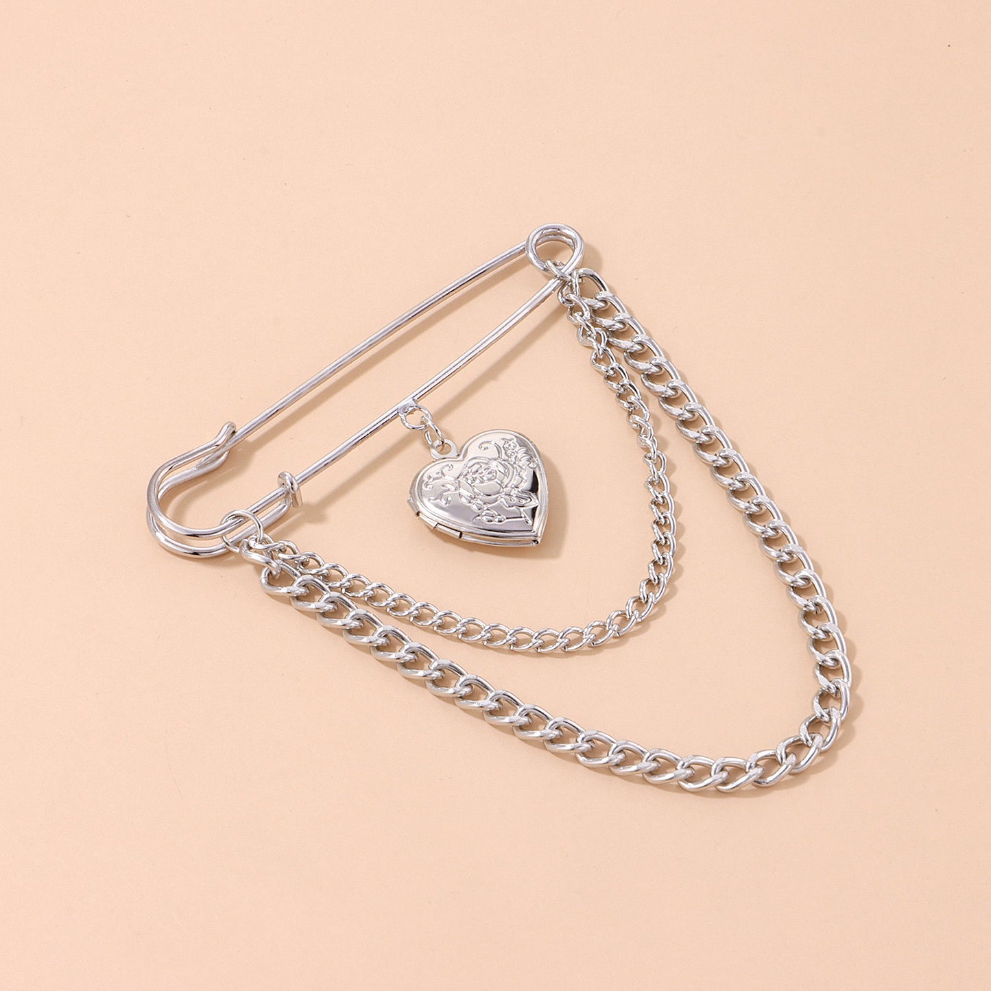 Creative Open-Top Embossed Heart Brooch Vintage Luxury Chain Pin Jewelry for Women