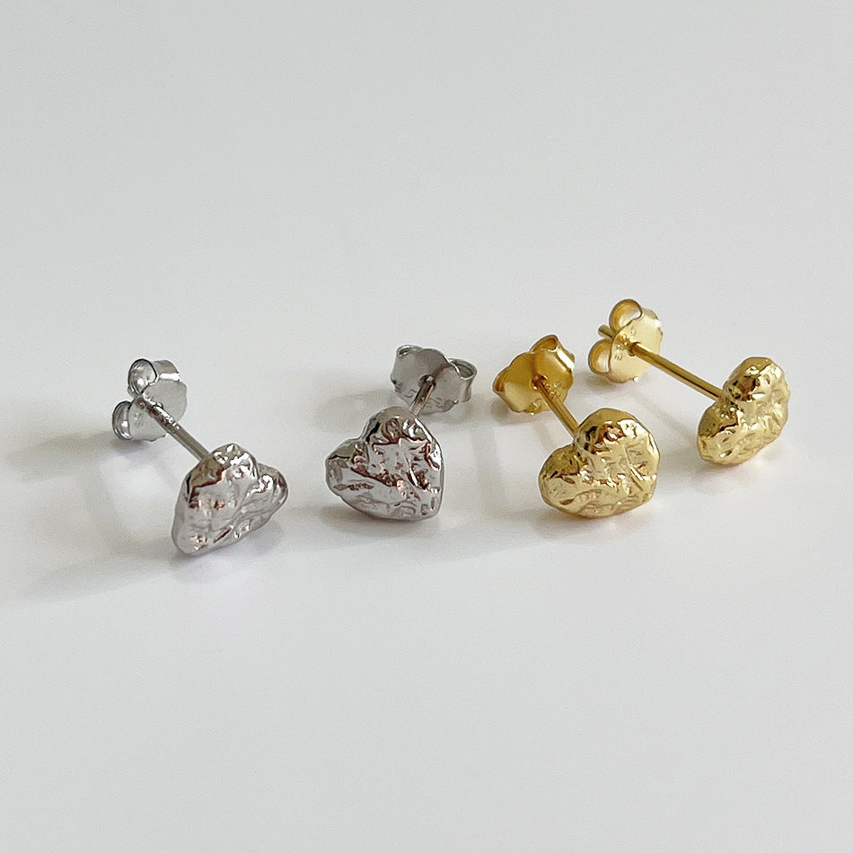 Vintage Sweet 925 Sterling Silver Heart Stud Earrings Plated