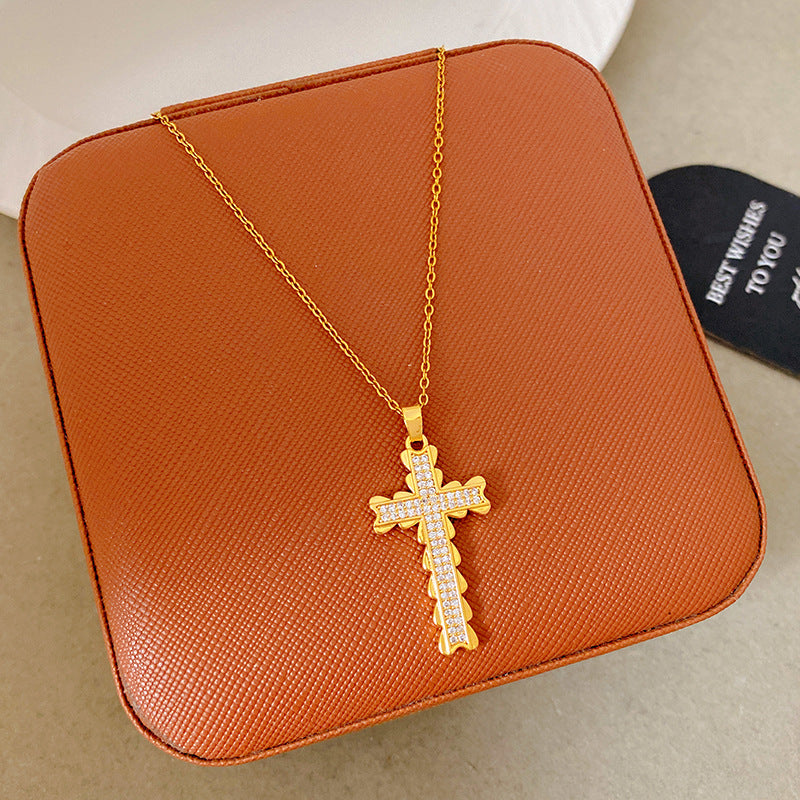 Sporty Sweet 18K Gold Plated Cross Titanium Steel Necklace with Cubic Zirconia for Women
