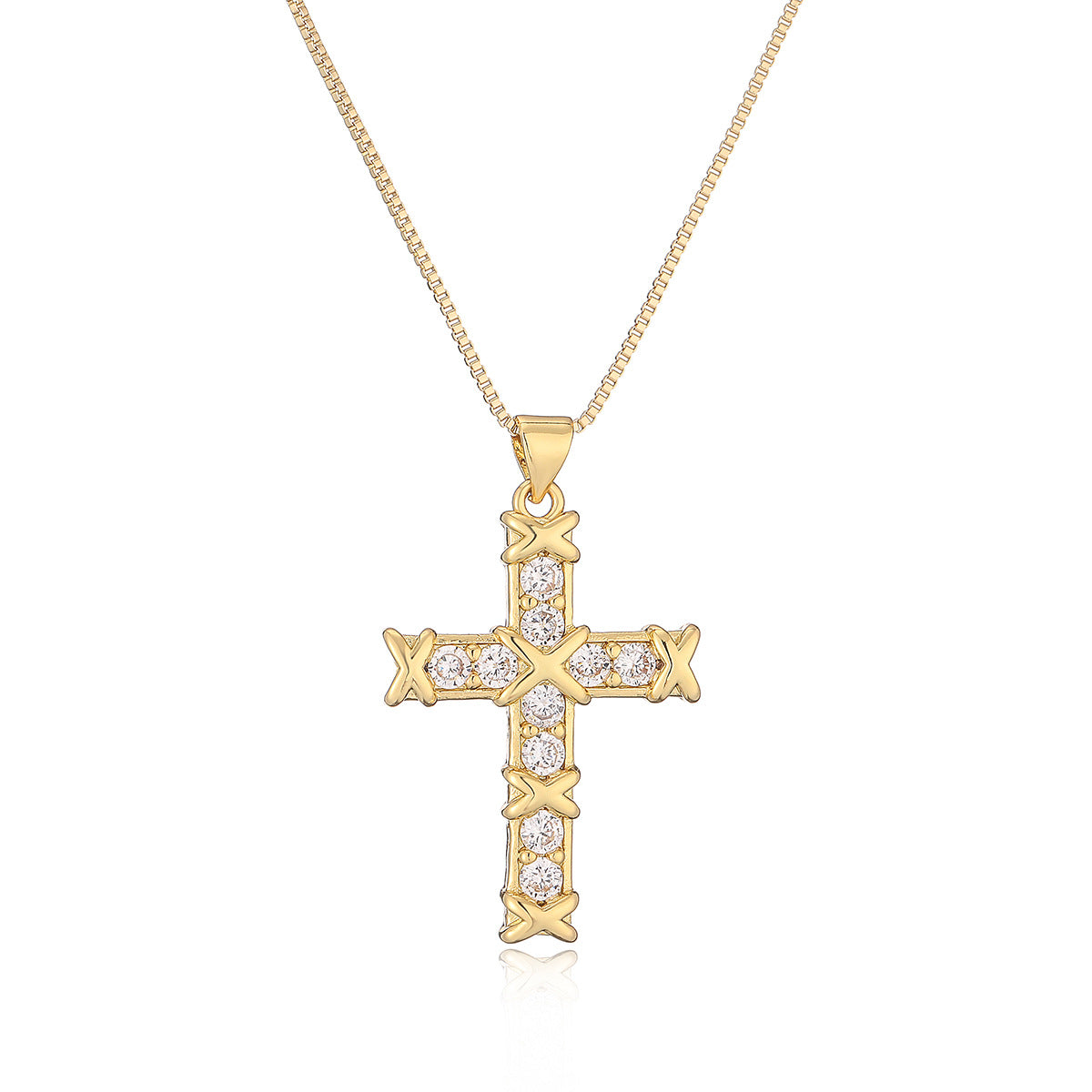Collana con Ciondolo a Croce Minimalista da Donna in Rame Placcato Oro e Zirconi, Catenina a Maglie Geometriche