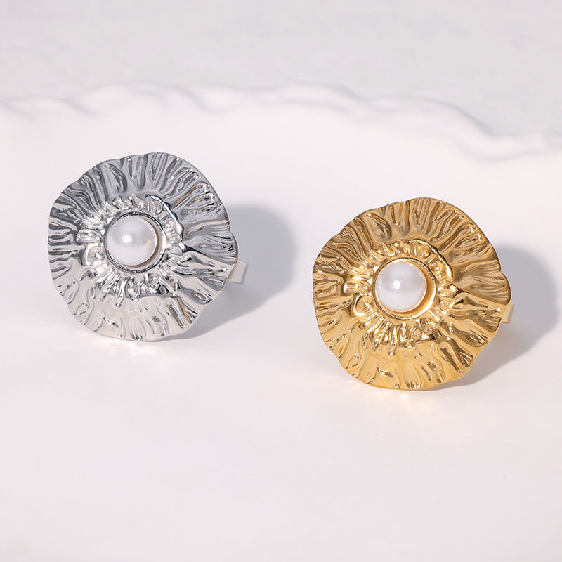 Minimalist Geometric Stainless Steel Ring for Women with 18K Gold Plating and Textured Pleated Detail