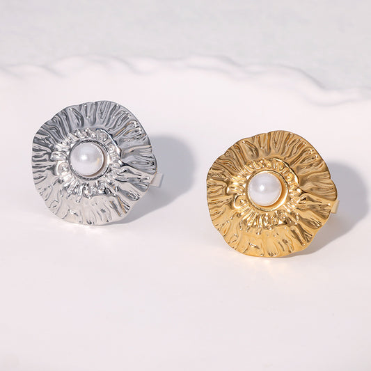 Minimalist Geometric Stainless Steel Ring for Women with 18K Gold Plating and Textured Pleated Detail