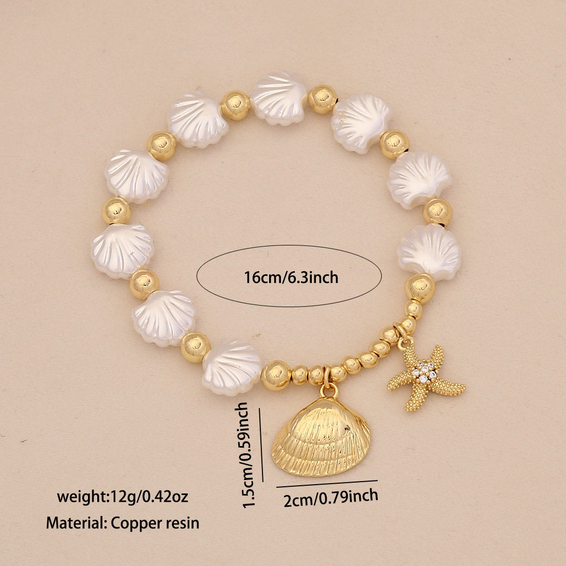 Braccialetto Artigianale Originale in Rame e Plastica con Perline Imitazione Perla, Stella Marina, Conchiglia, Tartaruga Placcato Oro 18K Gioielli da Donna