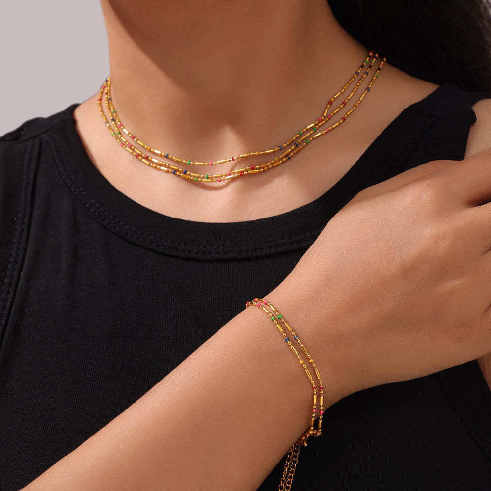 Minimalist Elegant 18K Gold Plated Stainless Steel Titanium Steel Geometric Round Seed Bead Necklace Bracelet Set