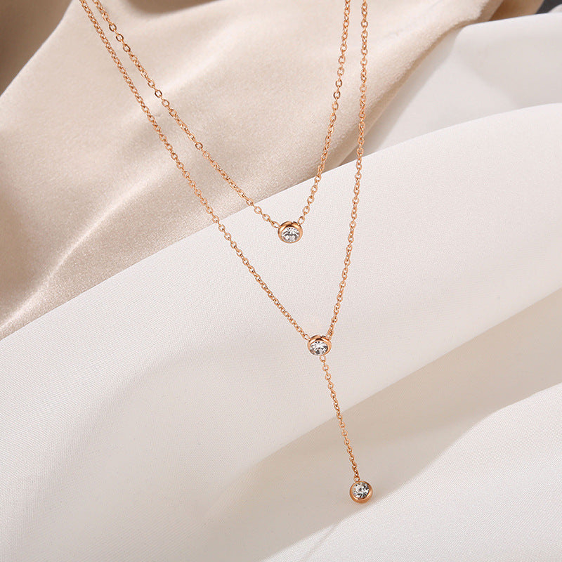 Minimalist Geometric Titanium Steel Double Layer Necklace with Rose Gold Plating and Delicate Pendant