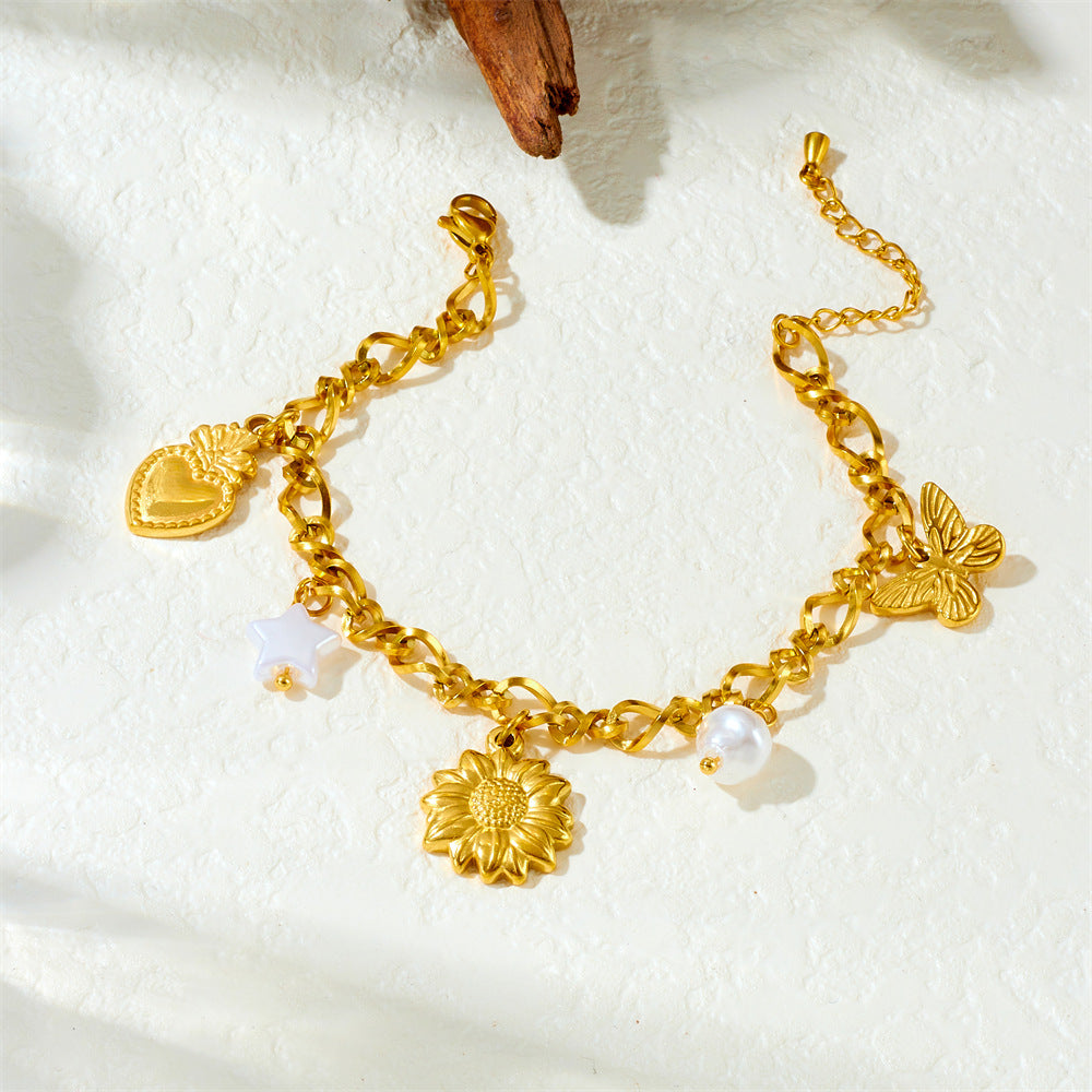Gold Plated Stainless Steel Star Heart Butterfly Floral Bracelet
