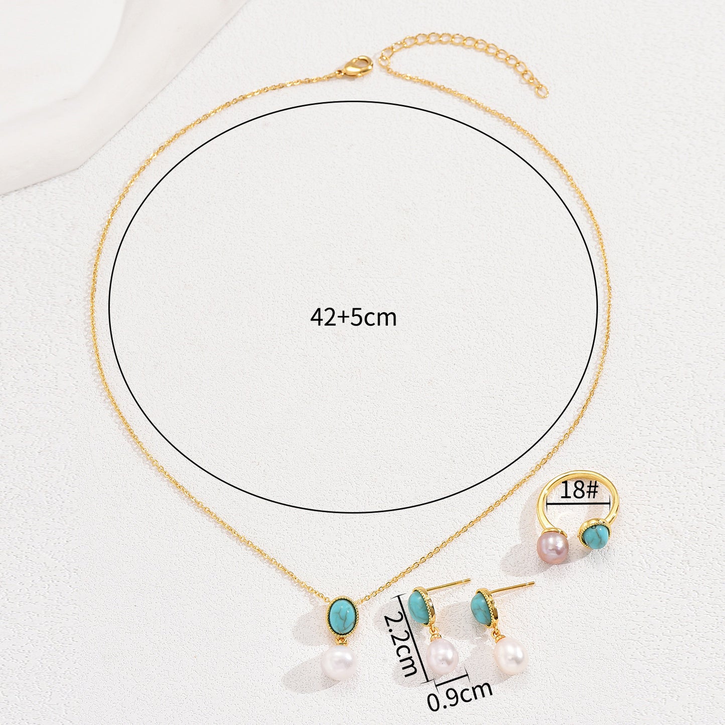 Parure di collana, orecchini e anello da donna vintage, artistica e minimalista con intarsio di perle e rame, con elementi geometrici rotondi, ovali e circolari