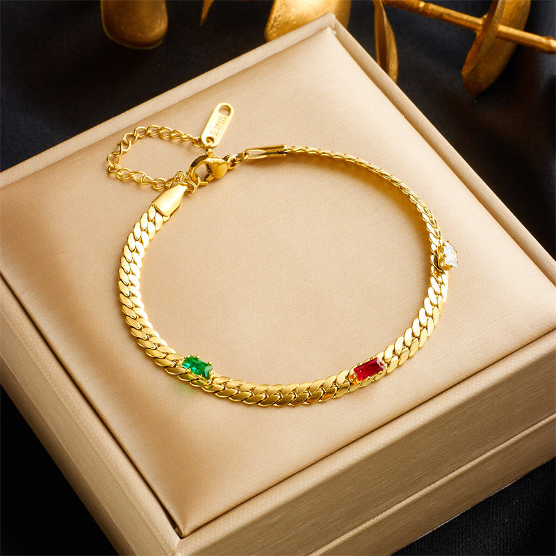 Minimalist Titanium Steel Bracelet with Rhinestone Inlay and Pearl Accents for Women