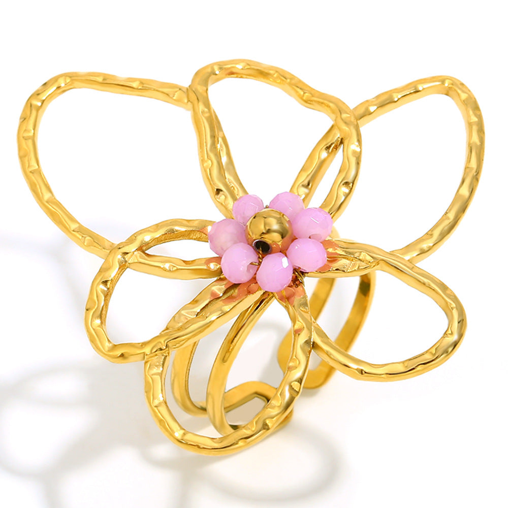 Fashionable Floral Ring for Women in Stainless Steel with 18K Gold Plating and Colorful Beads