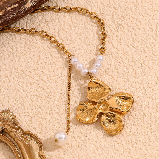 Vintage Floral Geometric Pendant Necklace for Women Stainless Steel with 18K Gold Plating and Simulated Pearl Accents