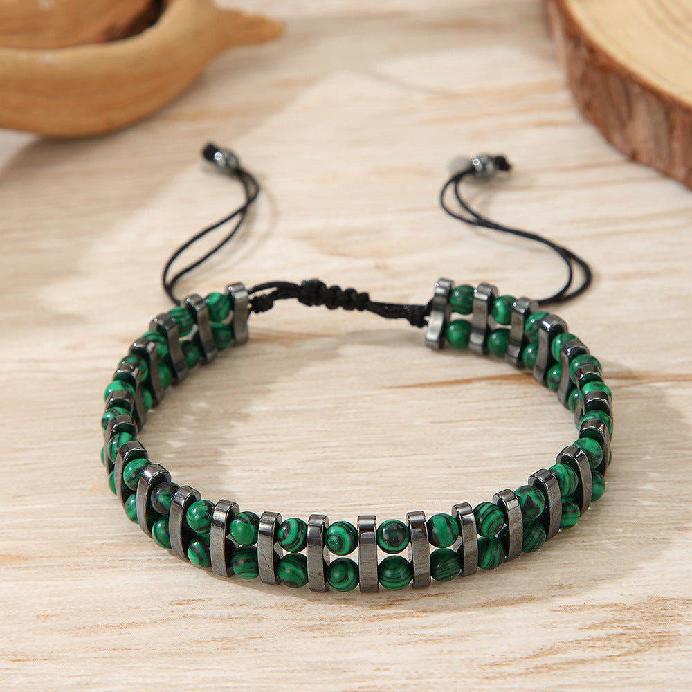 Geometric Handmade Beaded Tiger Eye and Hematite Bracelet with Woven Cord