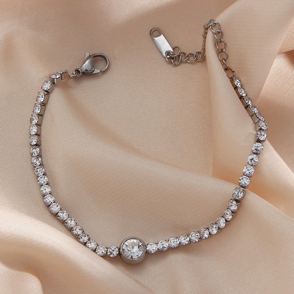 Minimalist Fresh Round Zircon Hand Chain in Stainless Steel with Plated Finish for Women