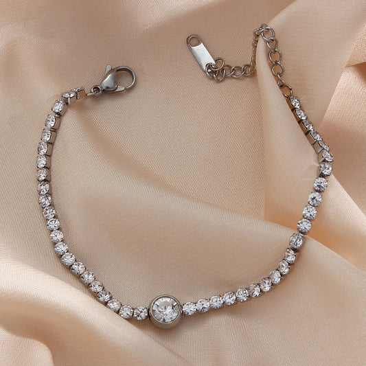 Pulsera Minimalista de Cadena con Zirconia Redonda y Acabado Bañado en Acero Inoxidable para Mujer