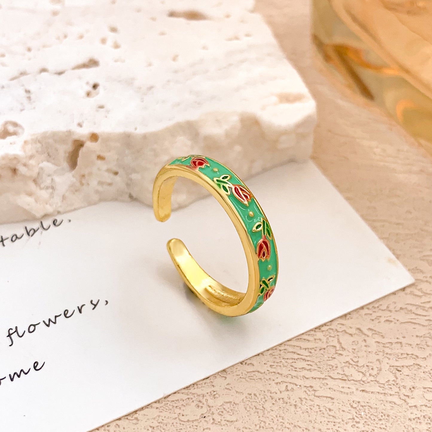 Minimalist Elegant Floral Enamel Plated Alloy Adjustable Ring for Women