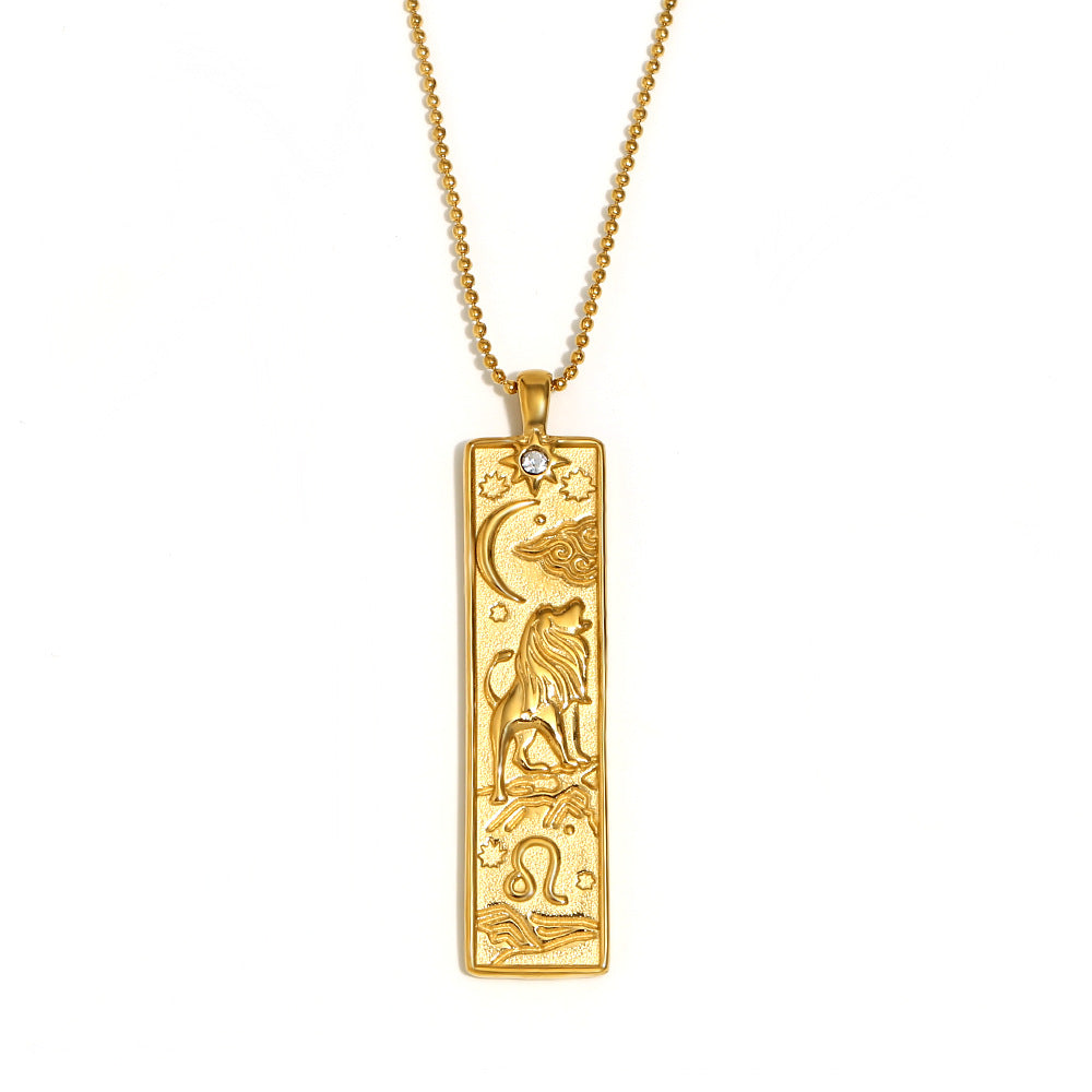 Vintage Geometric Zodiac Pendant Necklace for Women Stainless Steel with 18K Gold Plating Square Charm