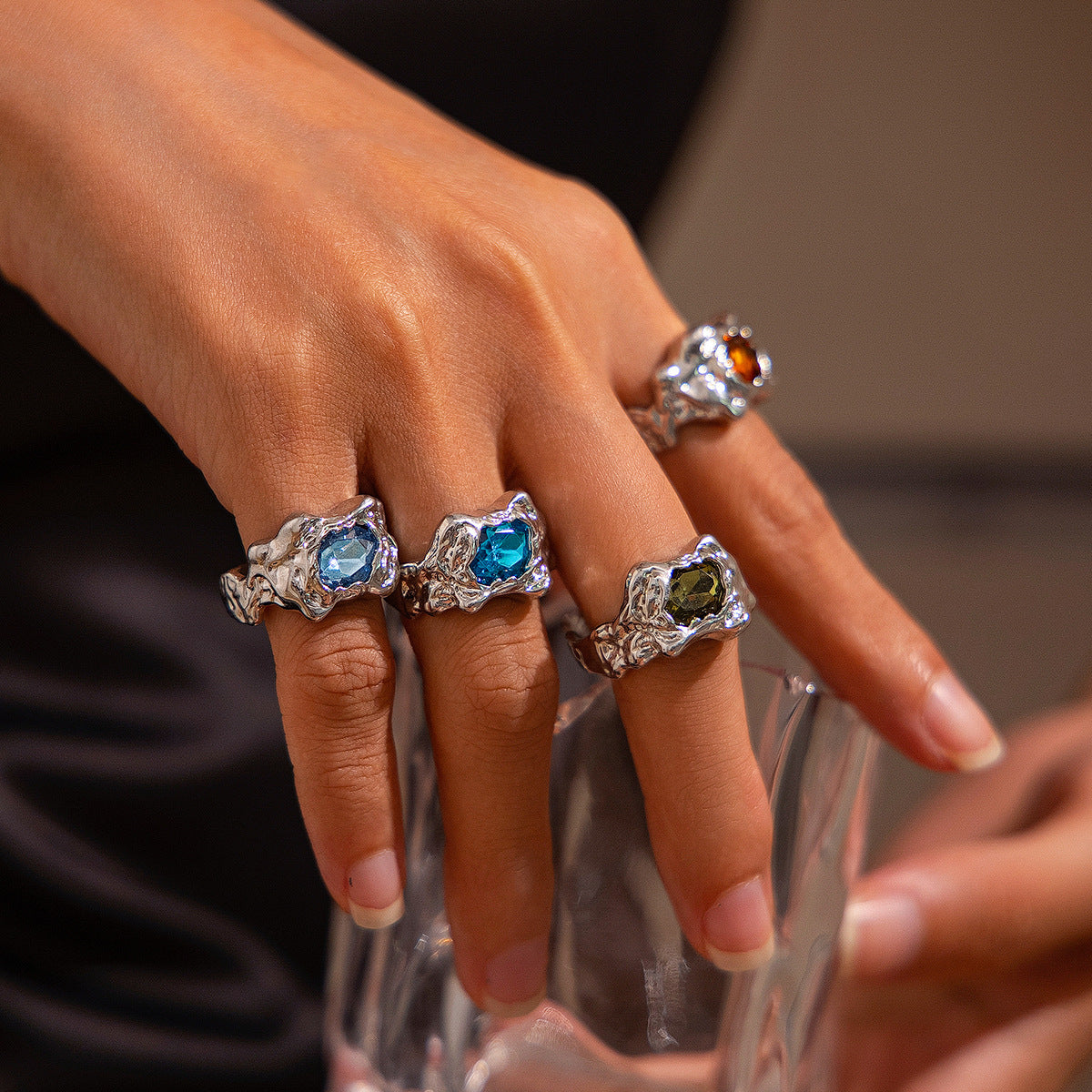 Sweet Vintage Geometric Alloy Plated Gemstone Inlay Ring Set for Women