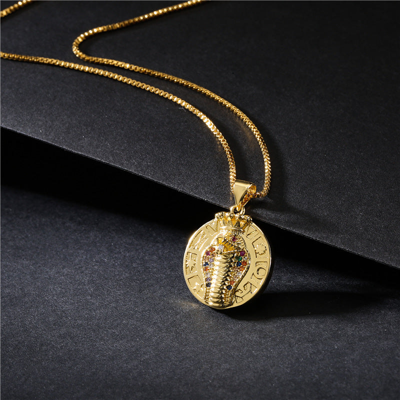 Vintage Punk Geometric Brass Micro-inlay Cobra King Pendant Necklace with Box Chain