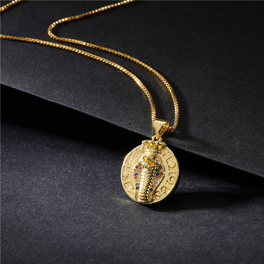 Vintage Punk Geometric Brass Micro-inlay Cobra King Pendant Necklace with Box Chain