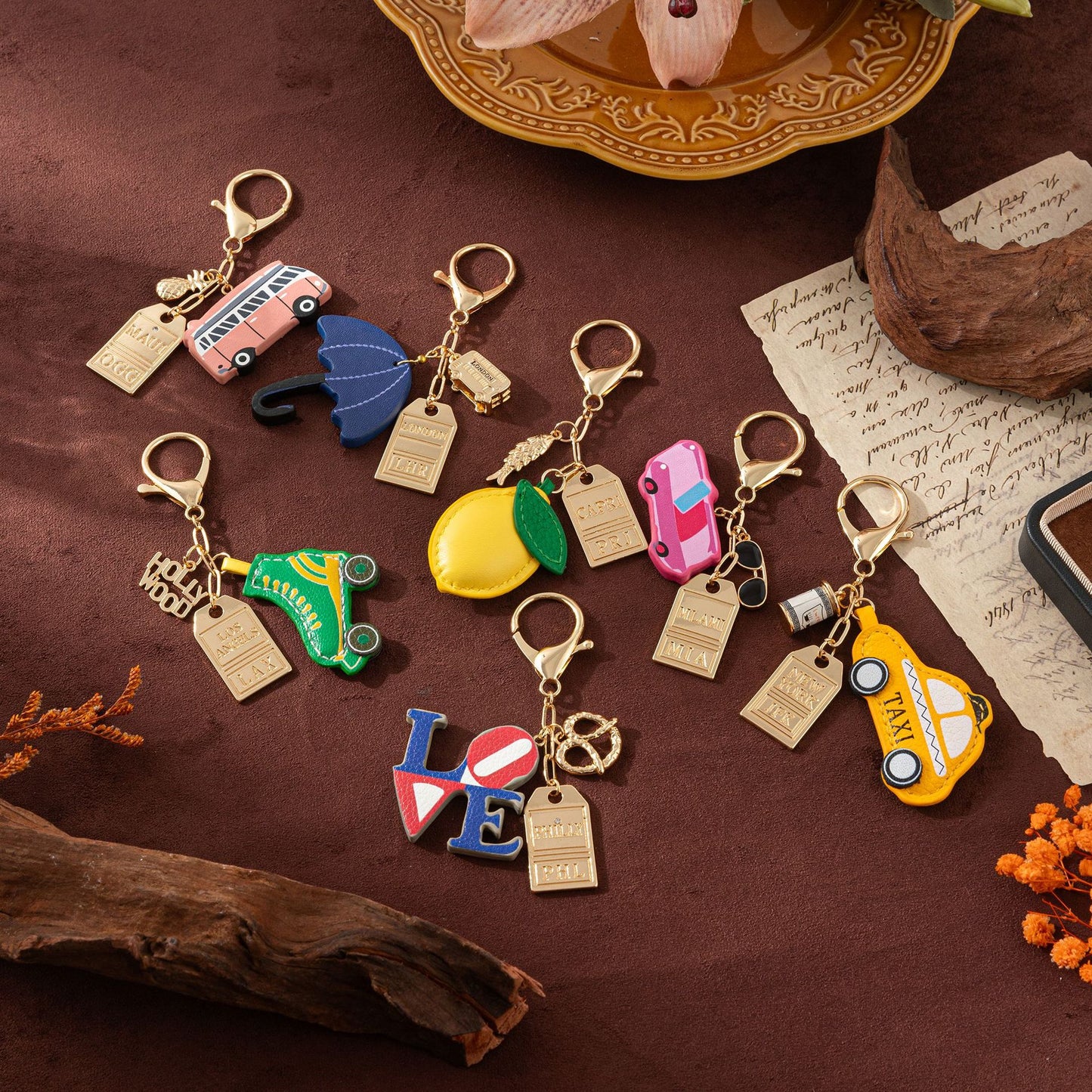 Minimalist Rainbow Plated Alloy Keychain with Pearl Ice Skate Umbrella Charms DIY Charm Bar