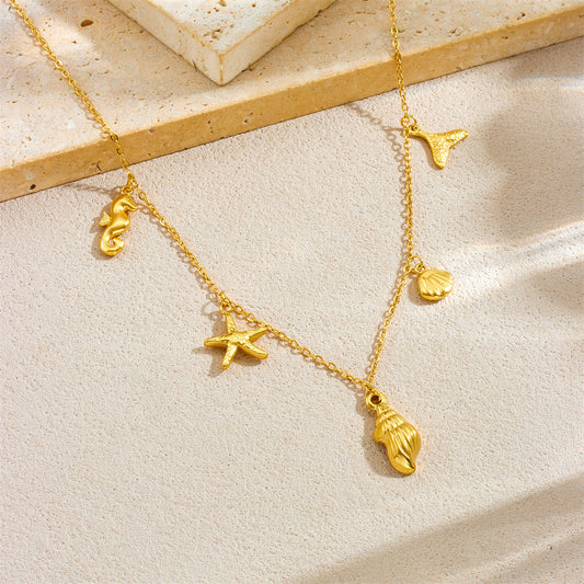 Fashion Ocean-Themed Pendant Set with Starfish and Seashell Motifs Stainless Steel Plated Necklace and Bracelet for Women