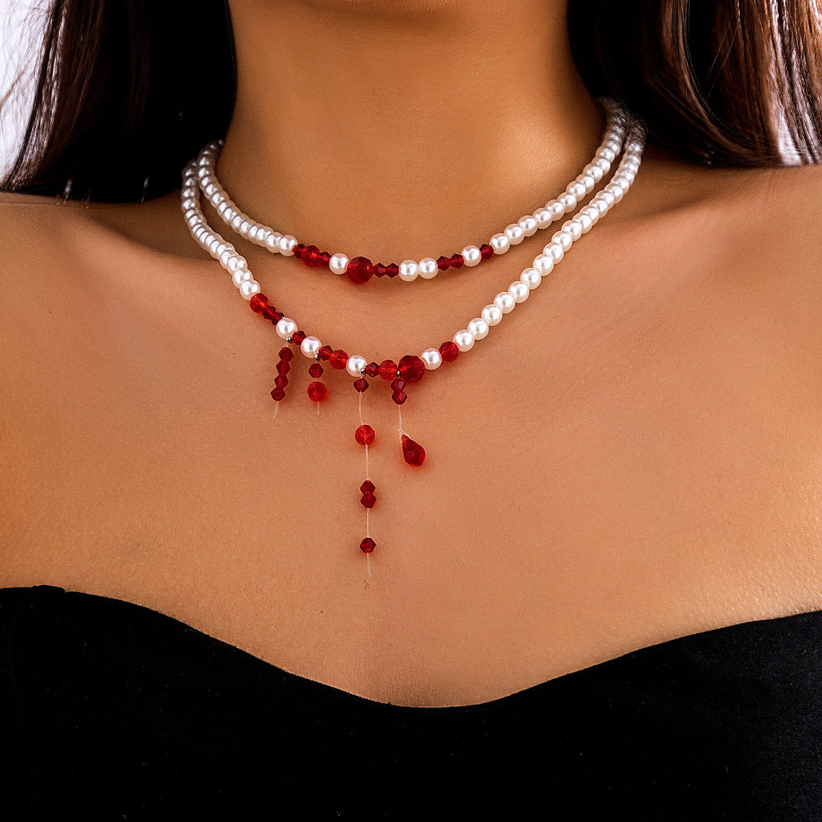 Sweet Gothic Geometric Acrylic and Pearl Beaded Choker Necklace with Tassel for Women