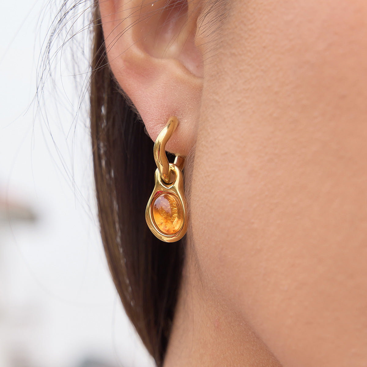 Minimalist Geometric Stainless Steel Plated Earrings with Amber and Resin Inlay for Women