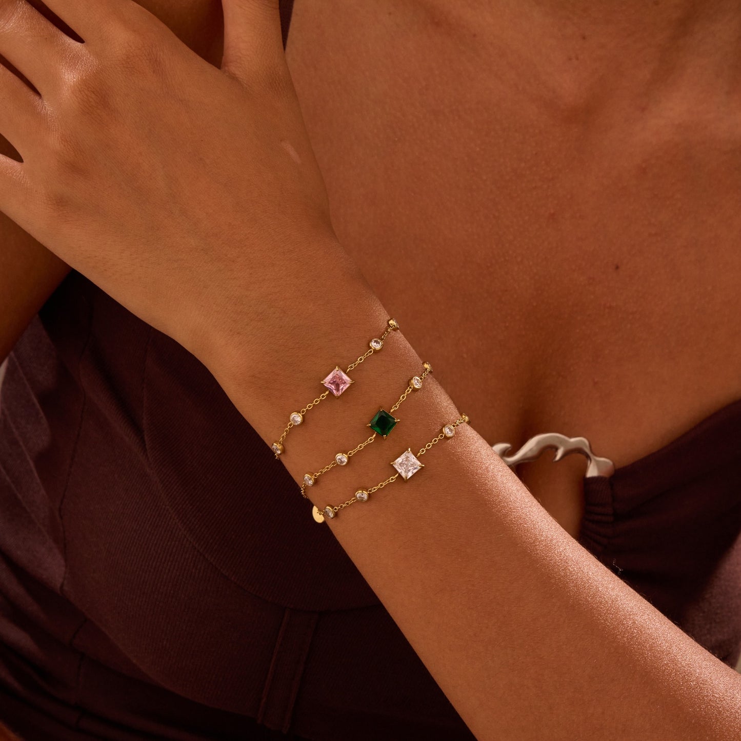 Minimalist French Elegant Square Zirconia Titanium Steel Bracelet with Gold Plating for Women