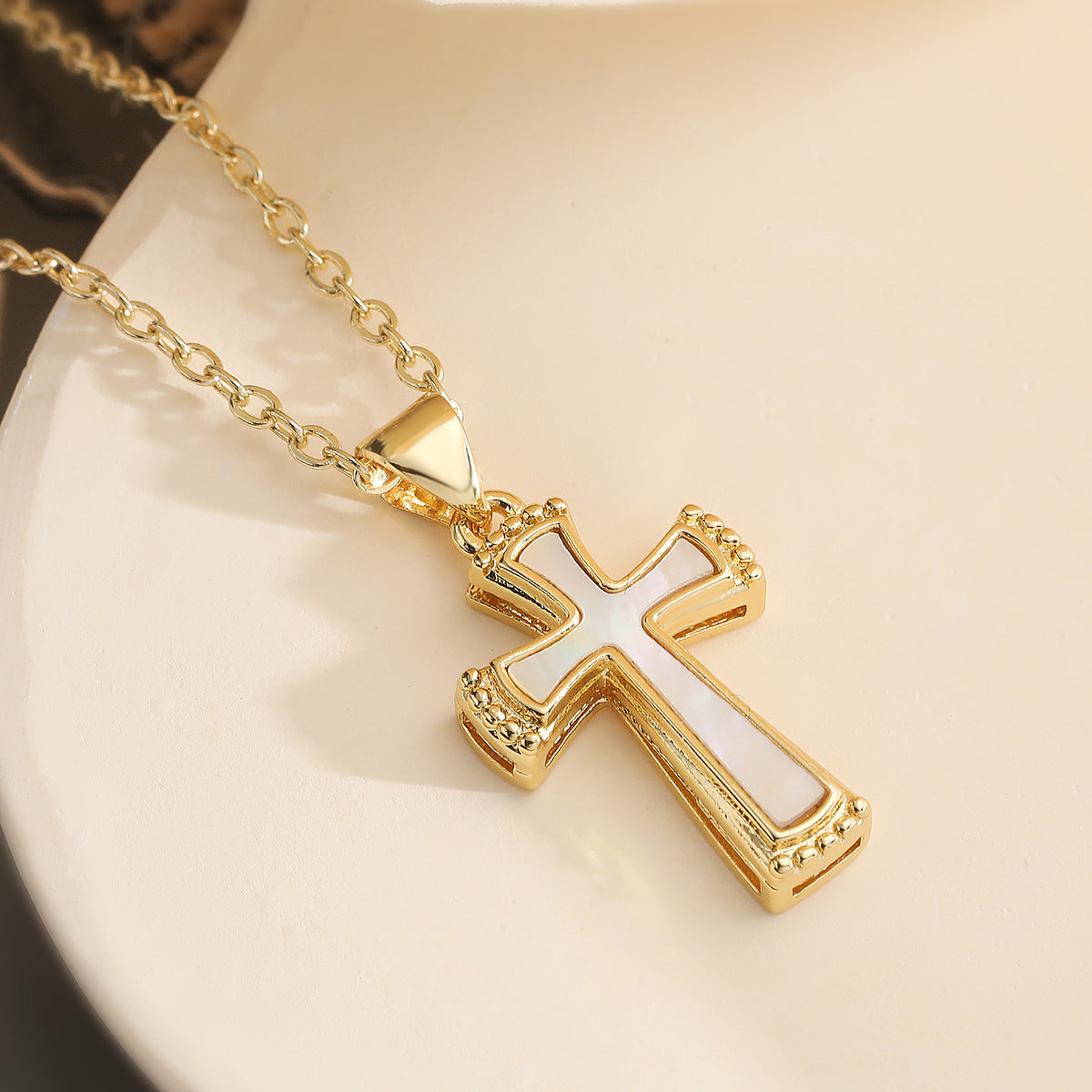 Minimalist 18K Gold Plated Brass Micro-inlay Shell Cross Pendant Necklace for Women