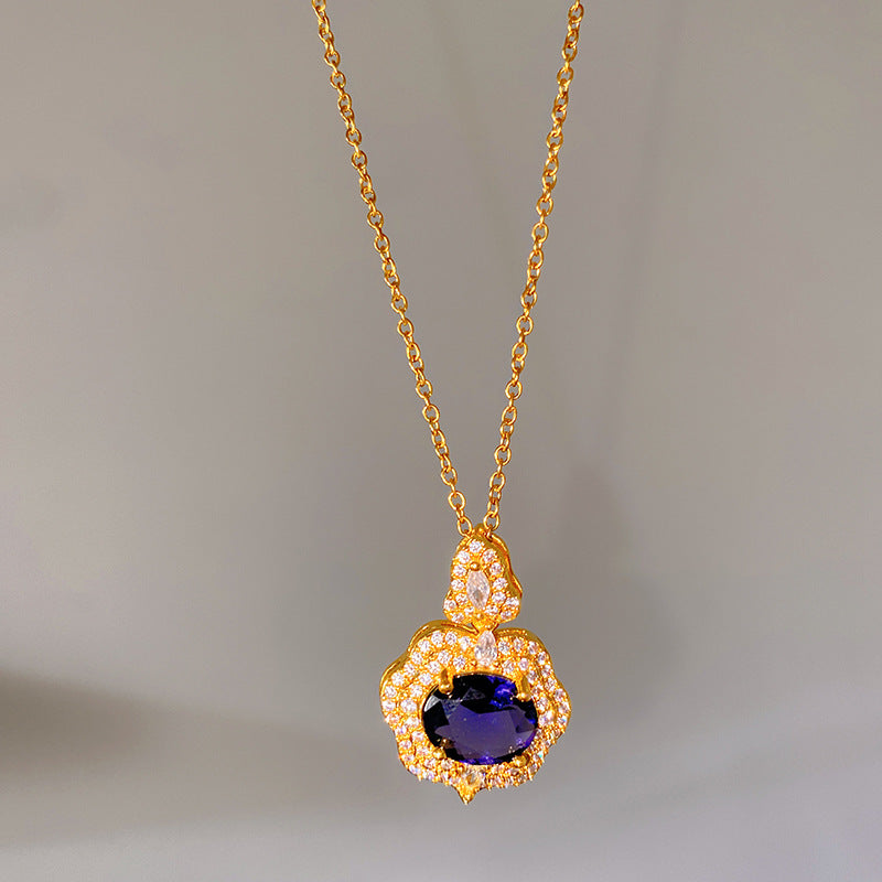 Sweet Sporty Purple Cubic Zirconia Heart Fruit Pendant Titanium Steel Necklace Cable Chain