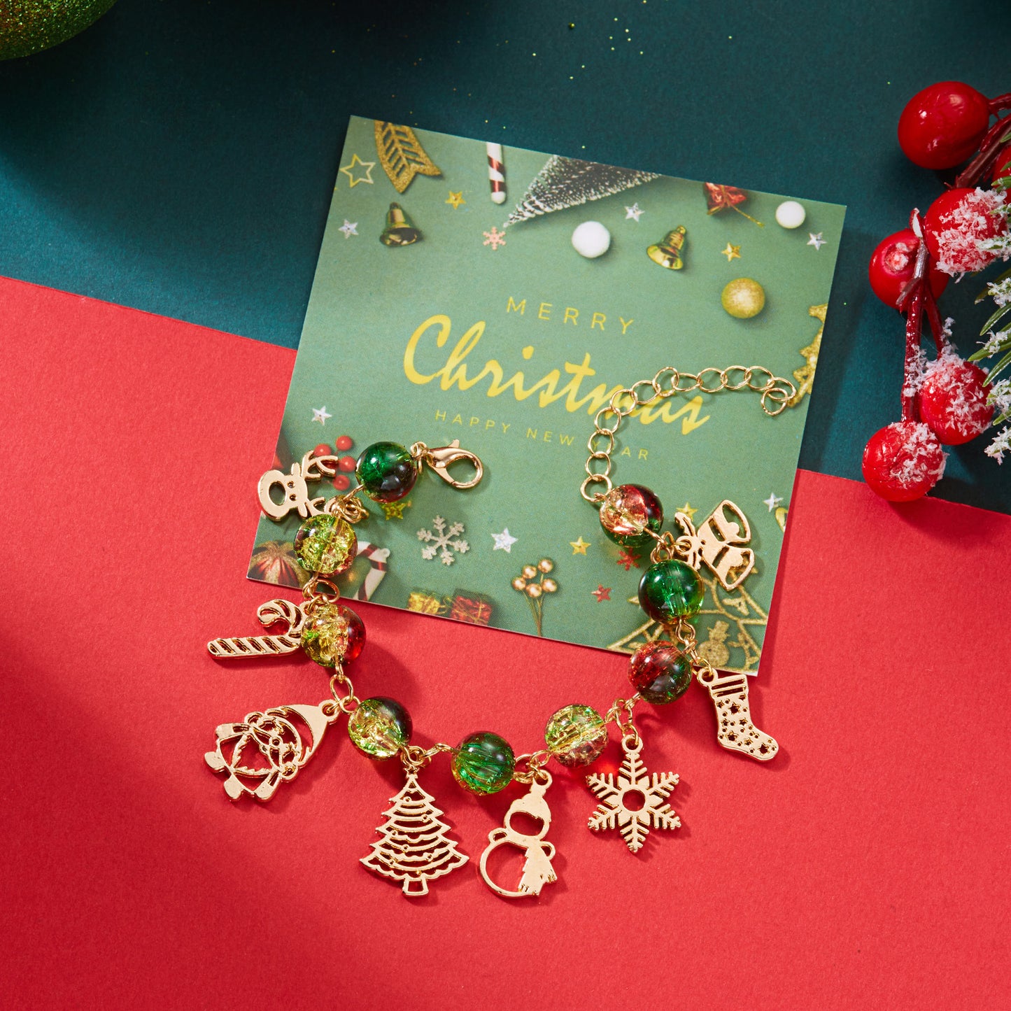 Fashionable Christmas Tree Santa Snowflake Pendant Bracelet for Women Alloy Handmade Holiday Jewelry