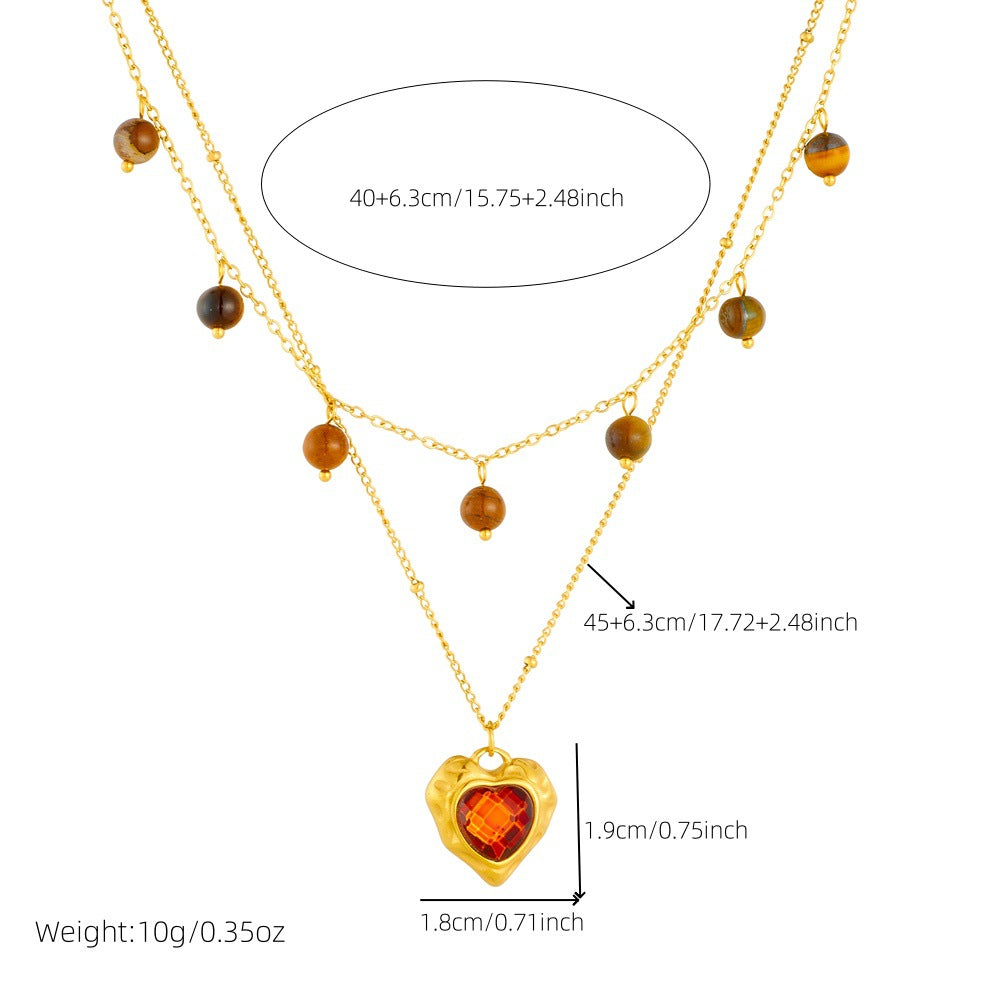 Vintage Heart Tiger's Eye Plated Stainless Steel Layered Necklace for Women