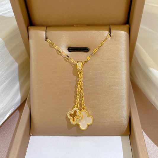 Collana a Catena Doppia da Donna in Acciaio al Titanio a Forma di Fiore di Lusso con Intarsi di Strass