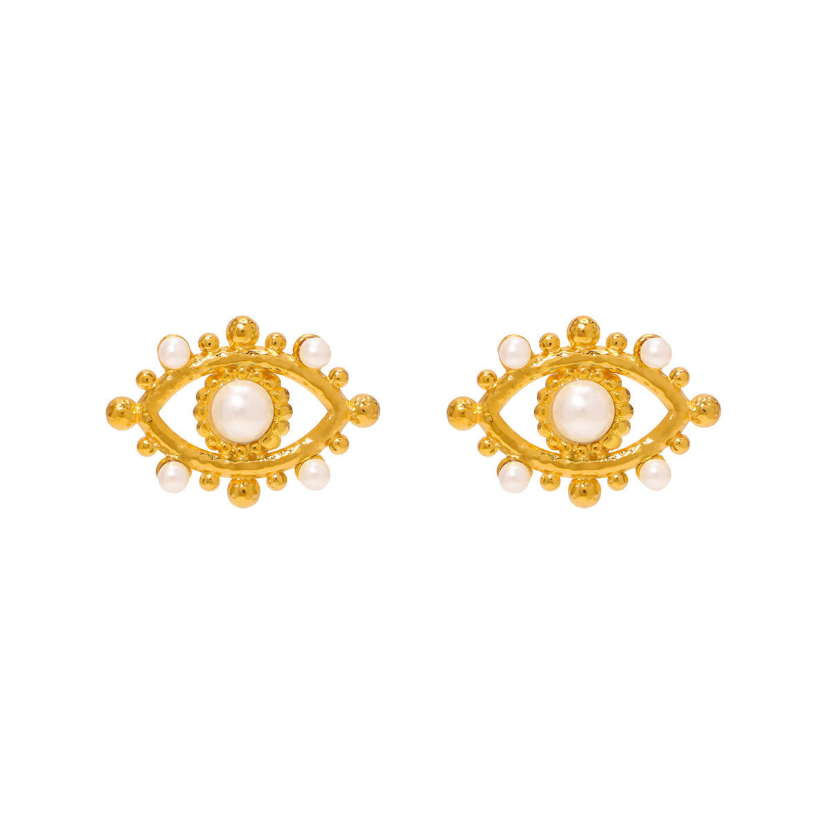 Minimalist Geometric Eye-Shaped Stainless Steel Earrings with Pearl Accents and 18K Gold Plating