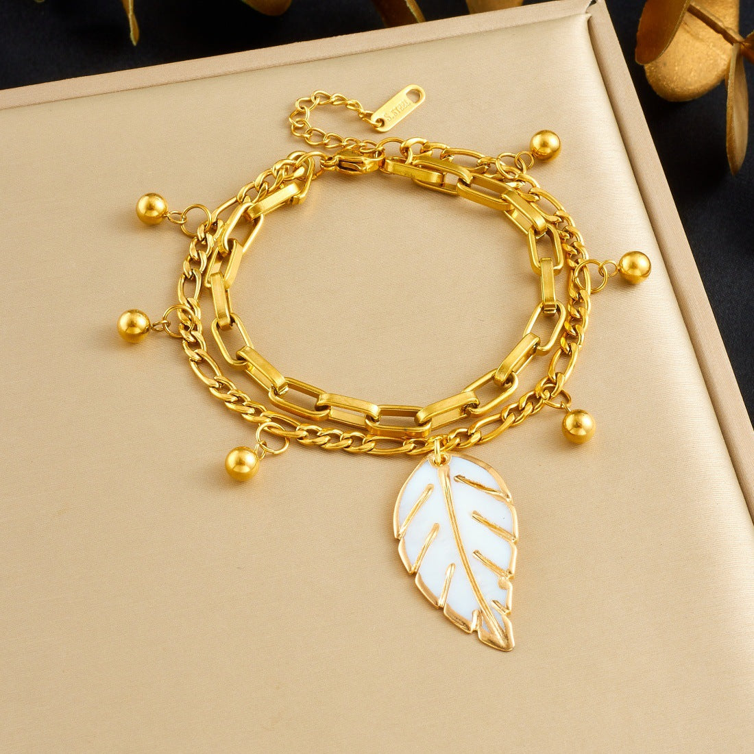 Vintage Casual Double Layer Stainless Steel Cable Chain Bracelet with Gold Bead Drip Oil Leaf Pendant