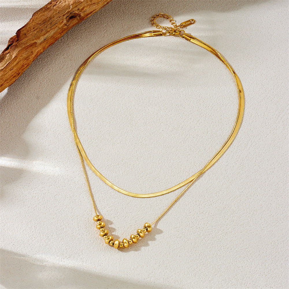 Fashion Minimalist 18K Gold Plated Stainless Steel Double Layer Geometric Oval Bead Snake Chain Necklace for Women