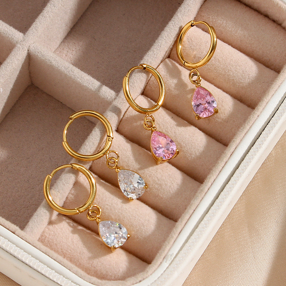 Pendientes geométricos de acero inoxidable a la moda con chapado en oro de 18 quilates y detalles de circonita en forma de lágrima para mujer