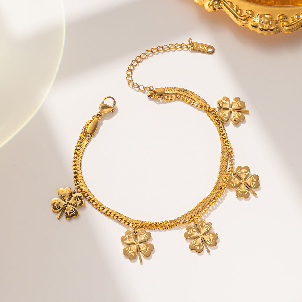 Pulsera de acero de titanio de doble capa con trébol de cuatro hojas, minimalista, para mujer, con acabado chapado