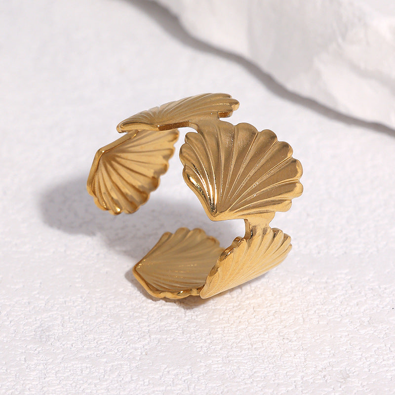 Minimalist Gold Plated Shell Shape Stainless Steel Open Ring for Women