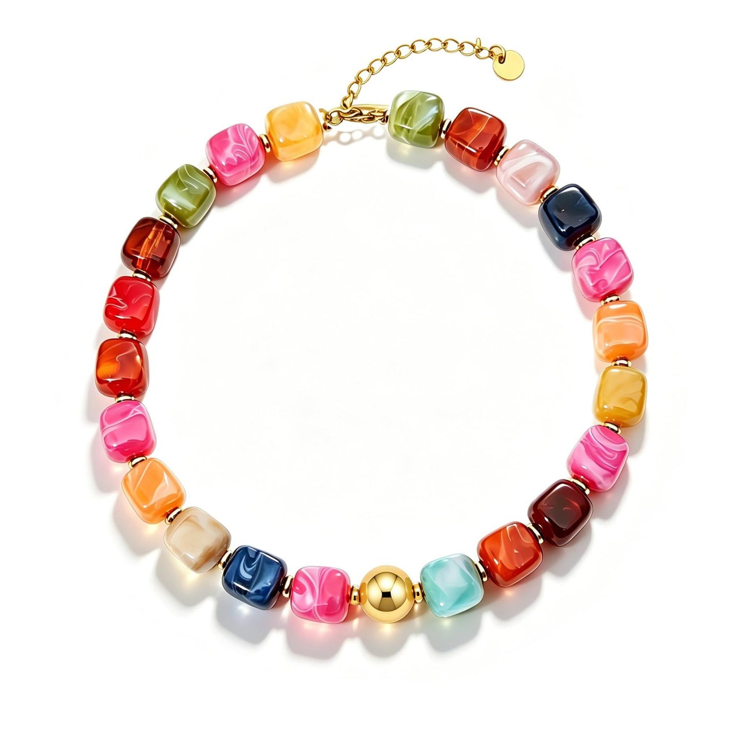 Bohemian Casual Geometric Resin Beaded Necklace with Acrylic Gold Ball Pendant Unisex Cable Chain