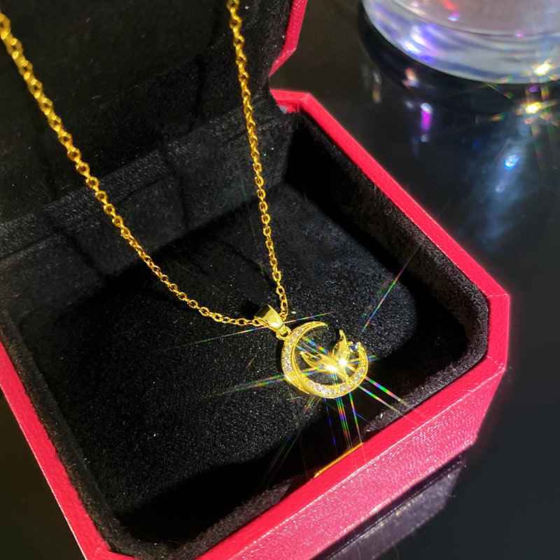 Sporty Sweet Micro-Set Cubic Zirconia Fruit Square Pendant Titanium Steel Cable Chain Necklace
