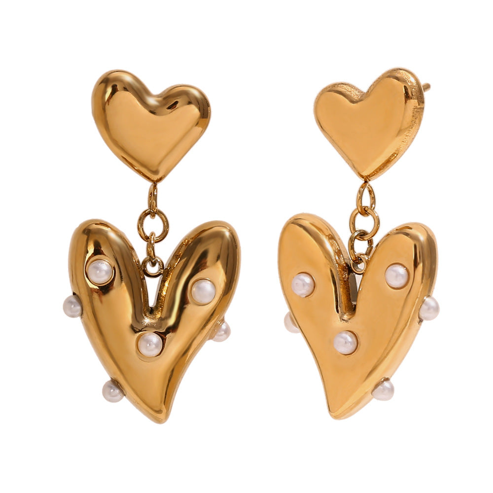 Orecchini da donna alla moda stile OL a forma di cuore irregolare in acciaio inossidabile placcato oro 18 carati con inserti di perle