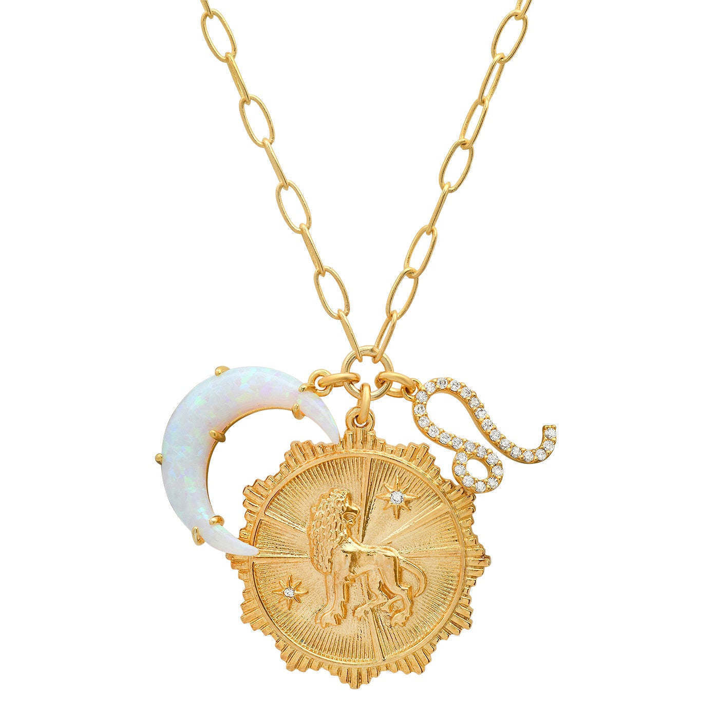 Collana con Pendente Vintage Segno Zodiacale Luna con Opale in Rame con Zirconi Micro-Pave, a Mezzaluna, Catenina Regolabile per Clavicola