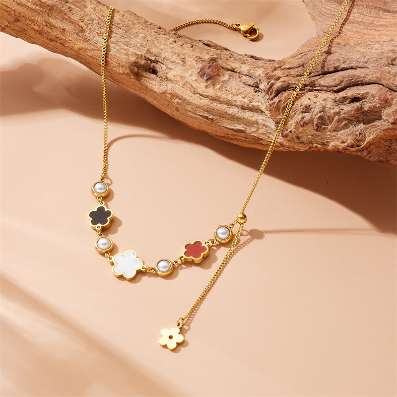 Fashion Office Stainless Steel Gold-plated Flower Pendant Necklace with Long Tassel Chain