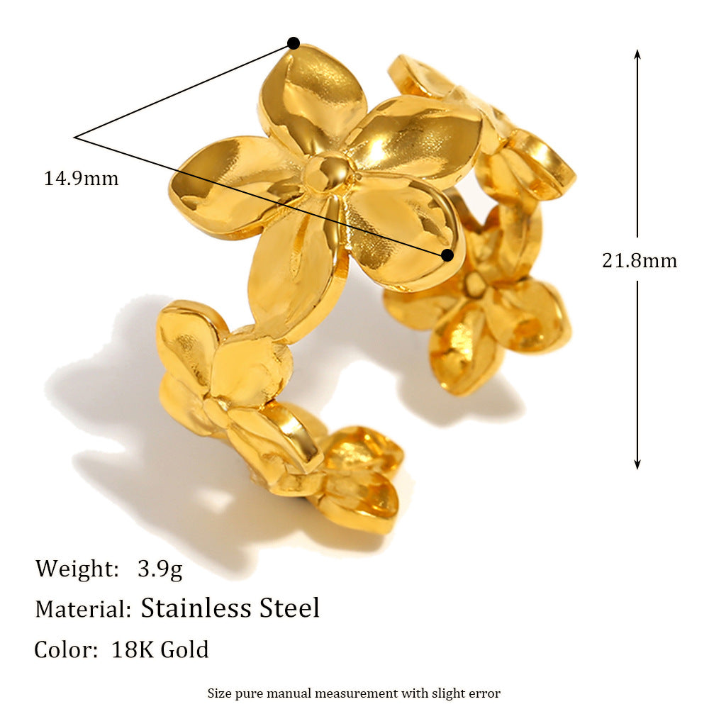 Fashionable Floral Open Ring in Stainless Steel with 18K Gold Plating for Women