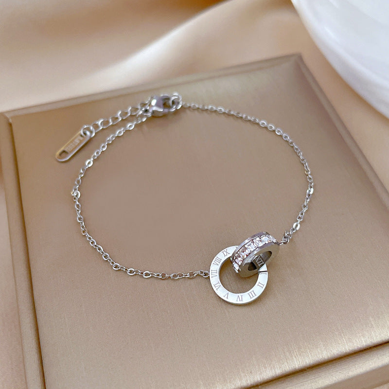 Vintage Minimalist Roman Ring Circular Titanium Steel O-Chain Bracelet for Women and Men with Wavy and Bean-shaped Pattern Gold Silver Plated