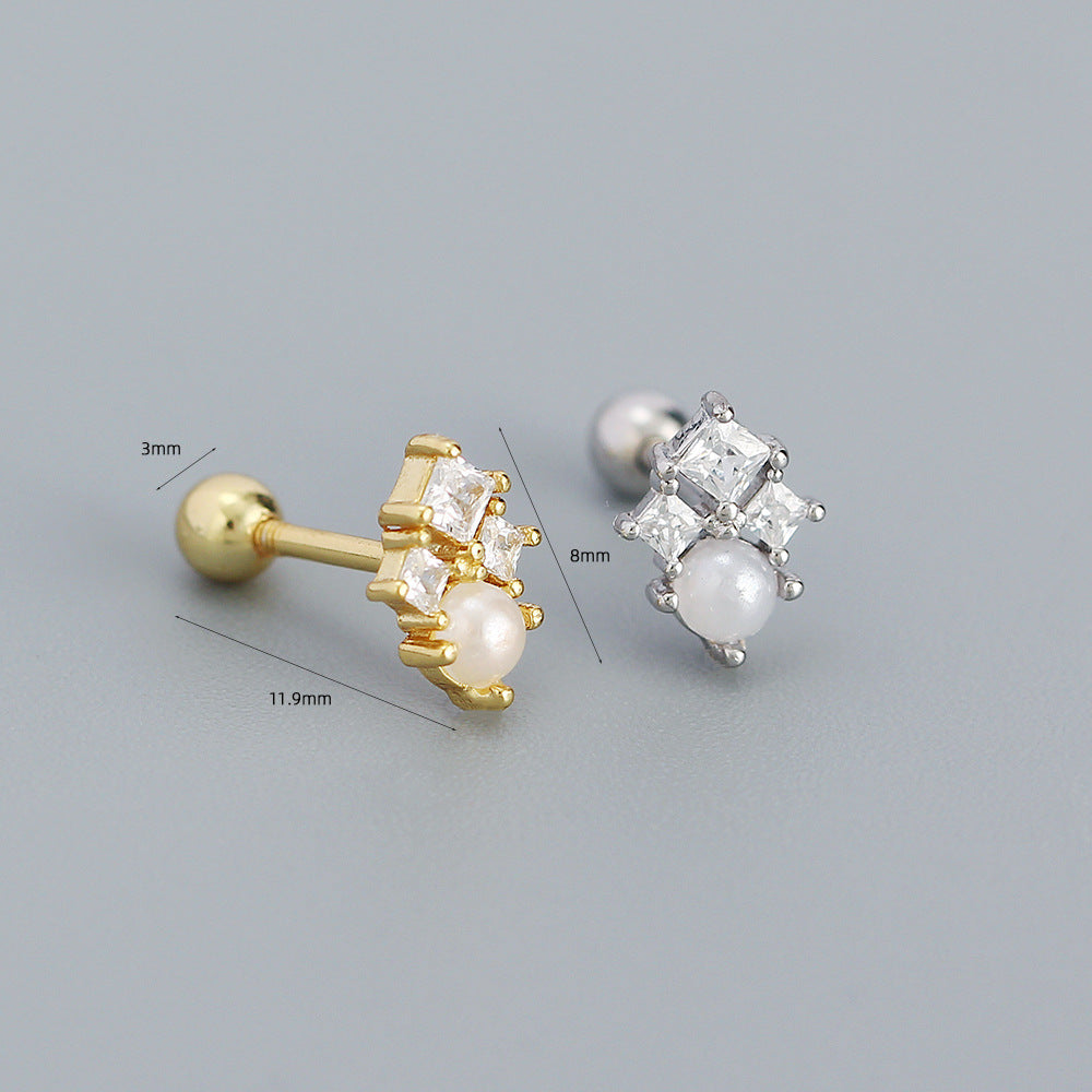 Orecchini da donna geometrici minimalisti a lobo, a vite, con zirconi quadrati in argento sterling S925 con finitura galvanica