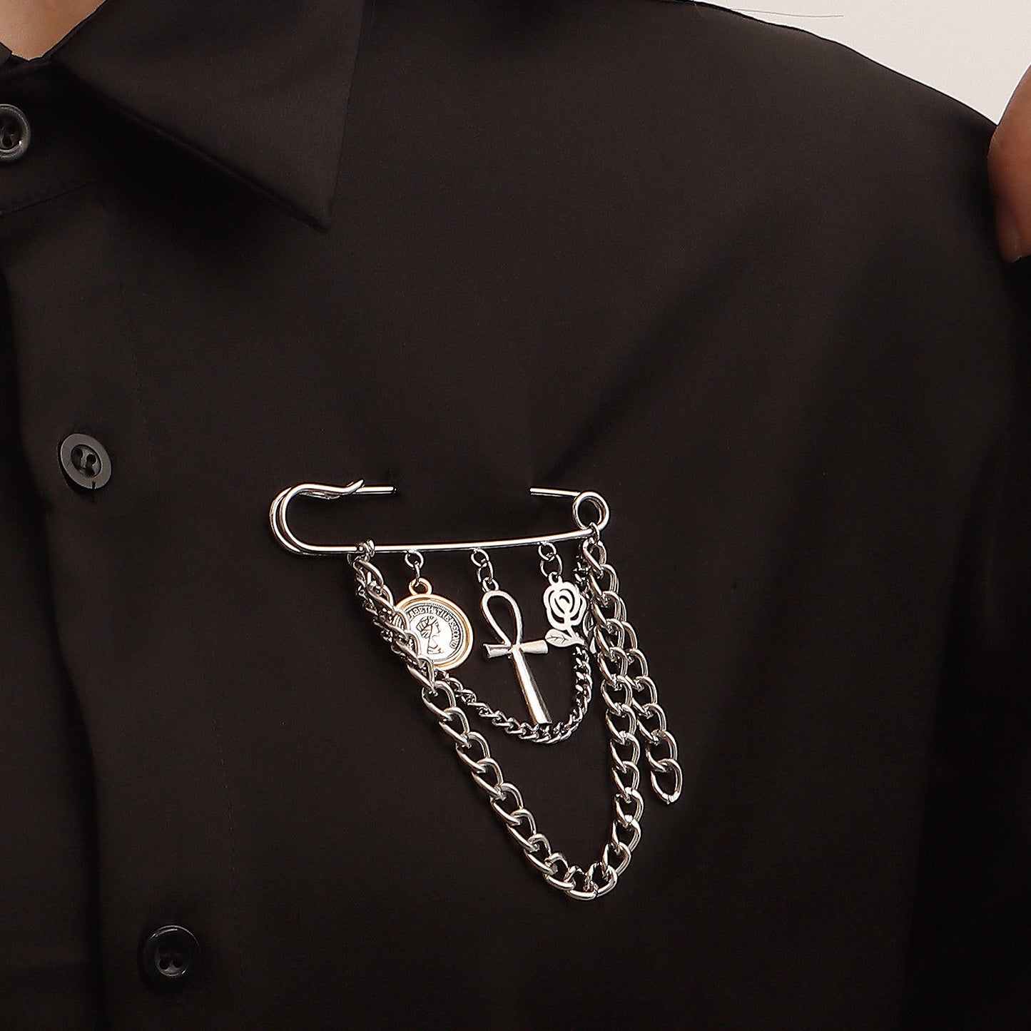 Punk Style Geometric Rose Flower Brooch with Tassel for Women Alloy Plated Decorative Pin